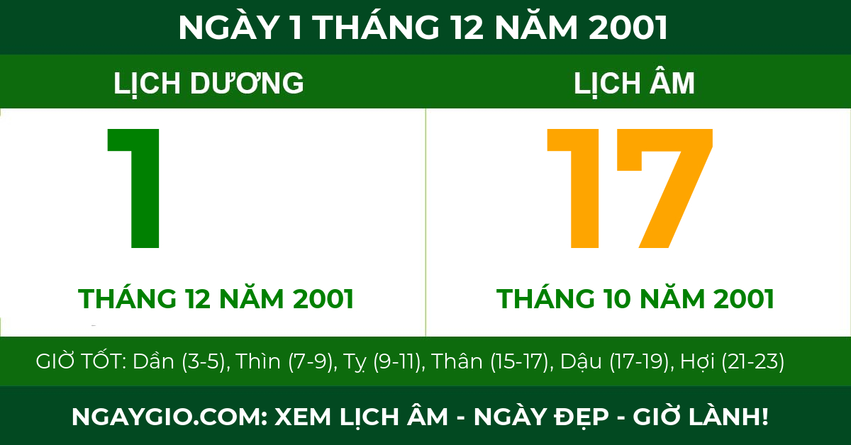 lịch âm ngày 1 tháng 12 năm 2001