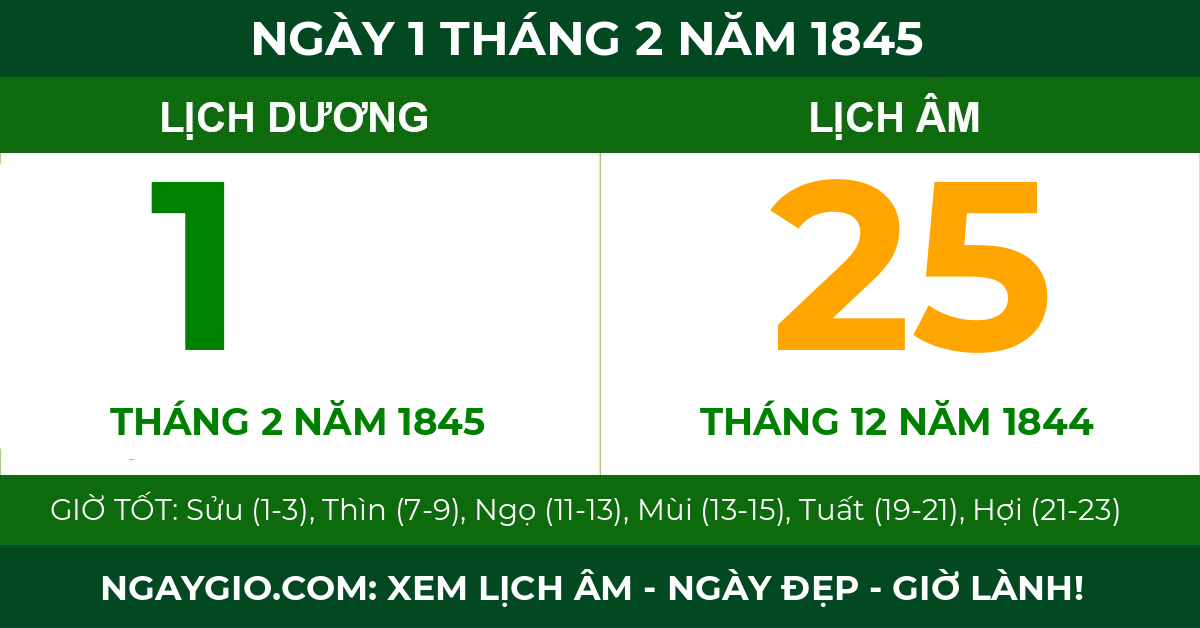 lịch âm ngày 1 tháng 2 năm 1845