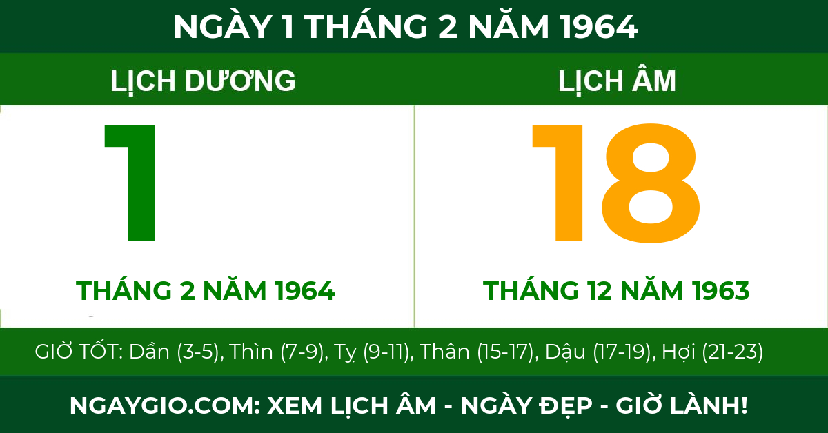 lịch âm ngày 1 tháng 2 năm 1964