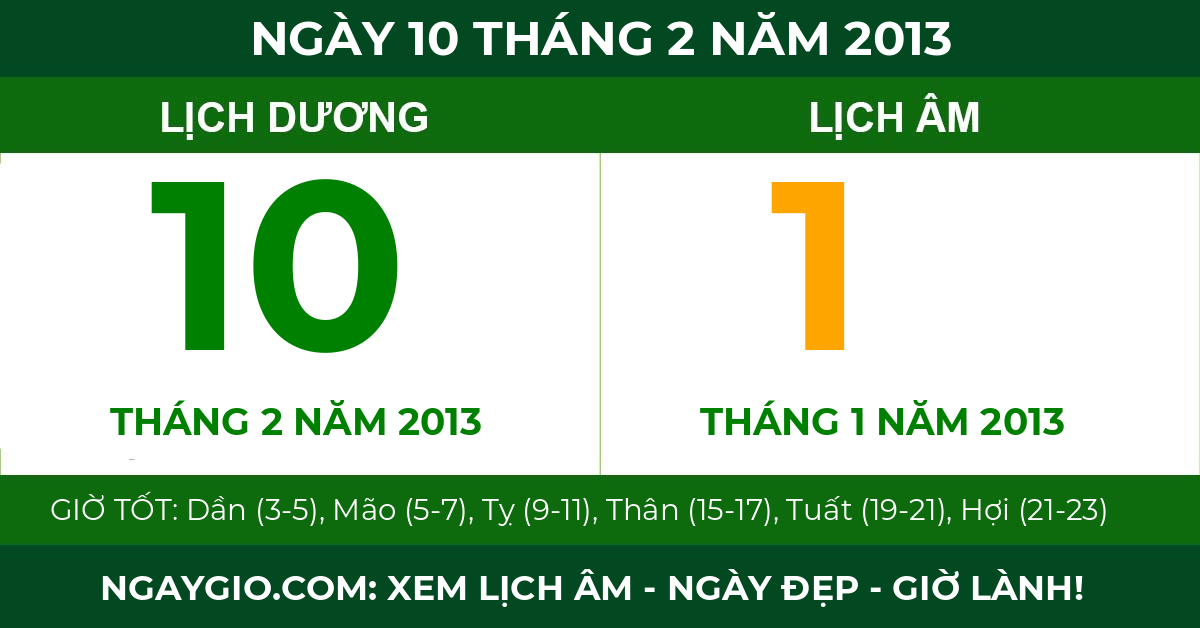 lịch âm ngày 10 tháng 2 năm 2013