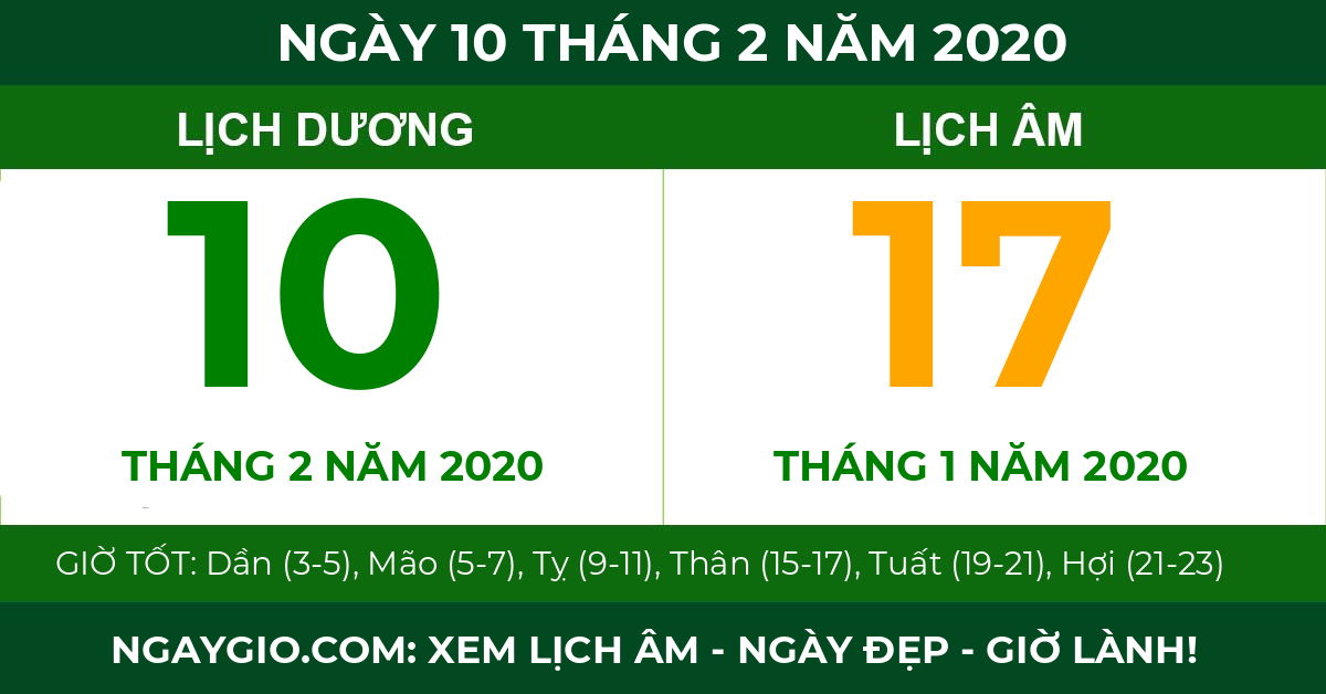 lịch âm ngày 10 tháng 2 năm 2020