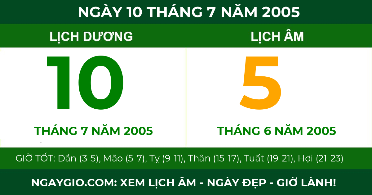 lịch âm ngày 10 tháng 7 năm 2005