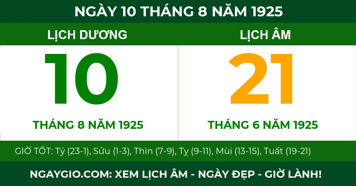 lịch âm ngày 10 tháng 8 năm 1925