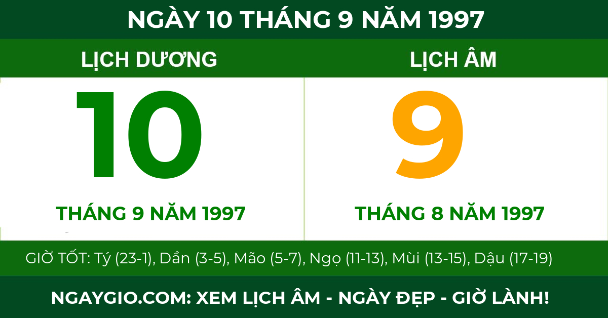 lịch âm ngày 10 tháng 9 năm 1997