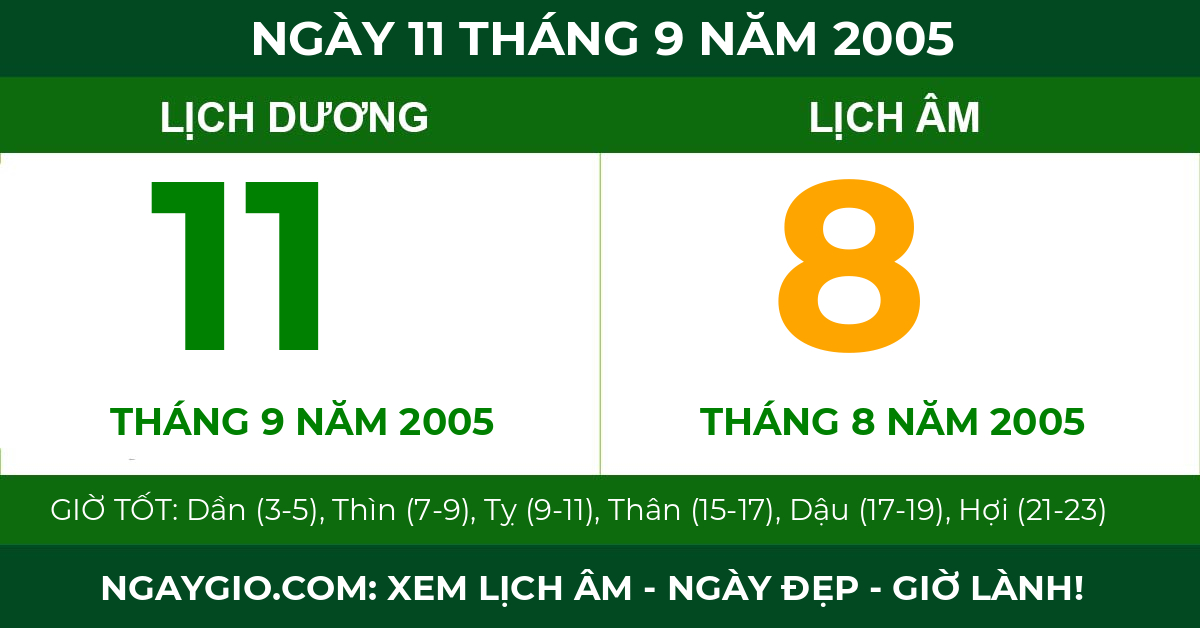 lịch âm ngày 11 tháng 9 năm 2005