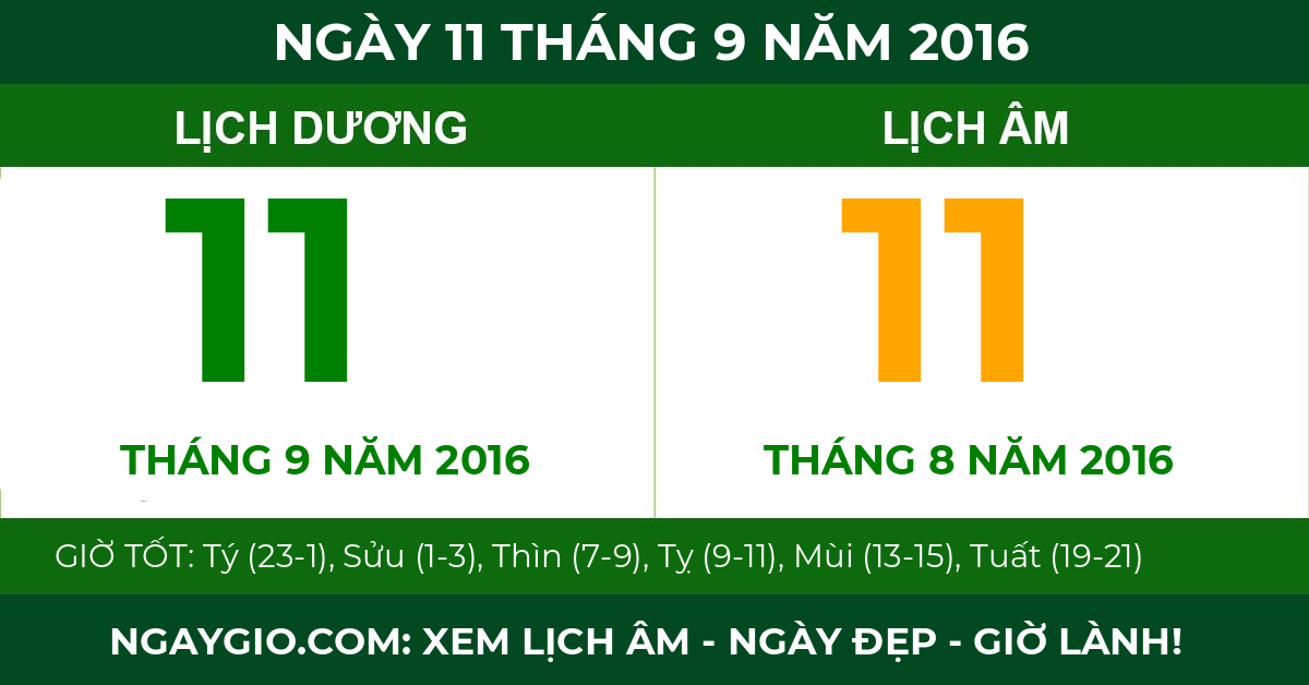lịch âm ngày 11 tháng 9 năm 2016