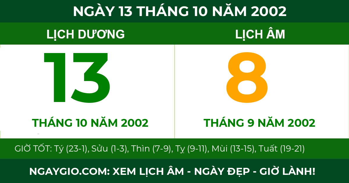 lịch âm ngày 13 tháng 10 năm 2002
