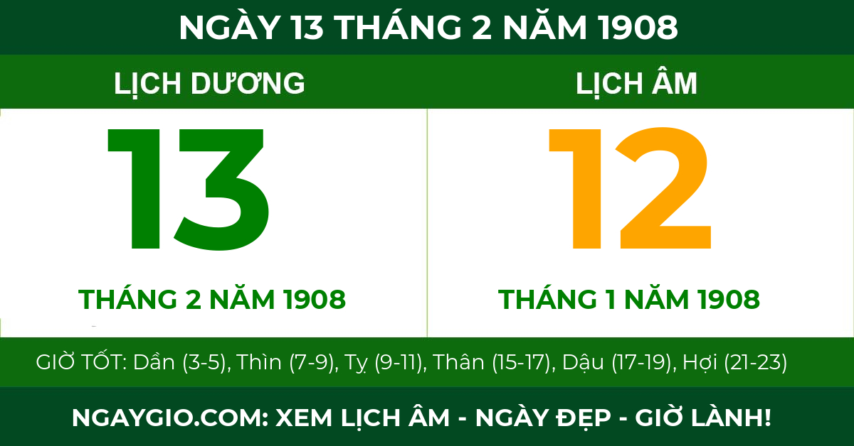 lịch âm ngày 13 tháng 2 năm 1908