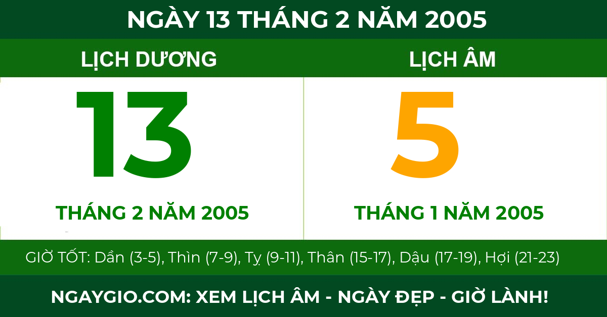 lịch âm ngày 13 tháng 2 năm 2005