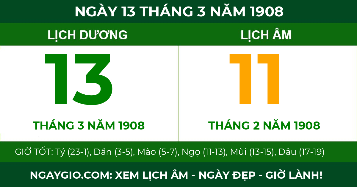 lịch âm ngày 13 tháng 3 năm 1908