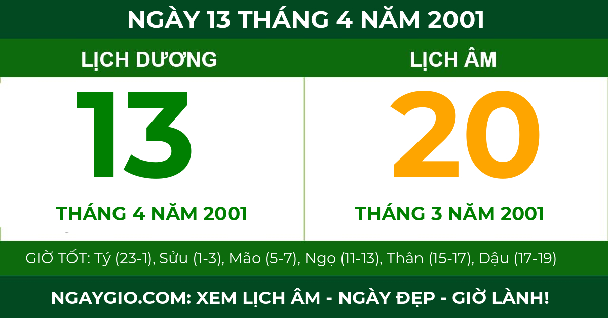 lịch âm ngày 13 tháng 4 năm 2001