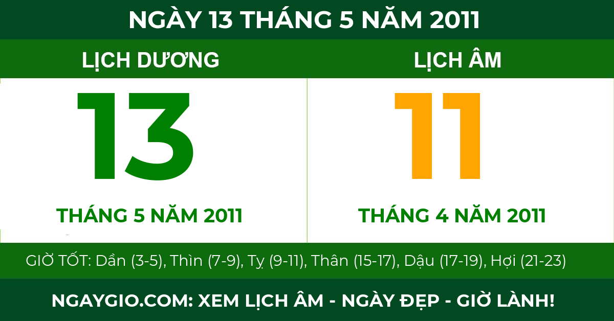 lịch âm ngày 13 tháng 5 năm 2011