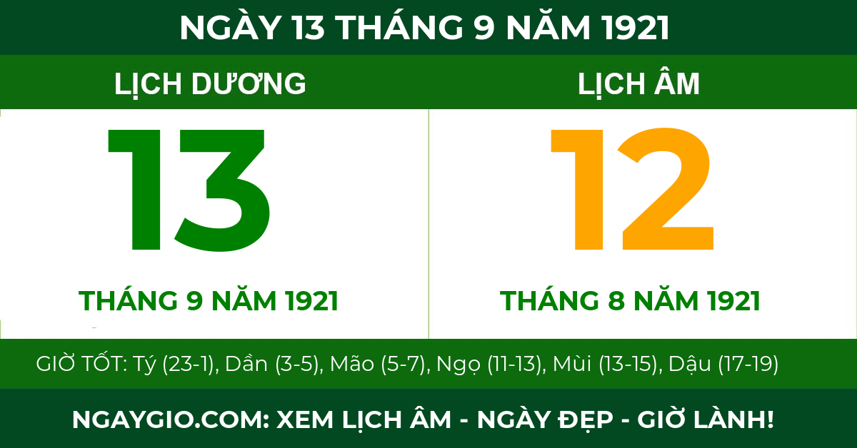 lịch âm ngày 13 tháng 9 năm 1921