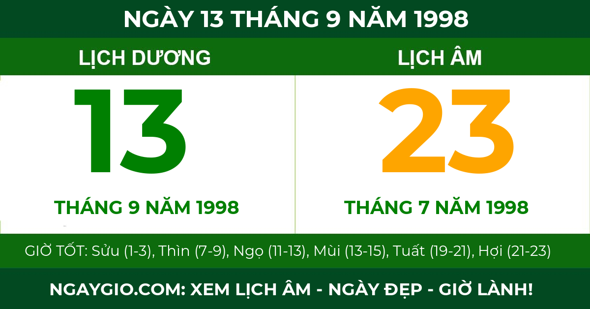 lịch âm ngày 13 tháng 9 năm 1998