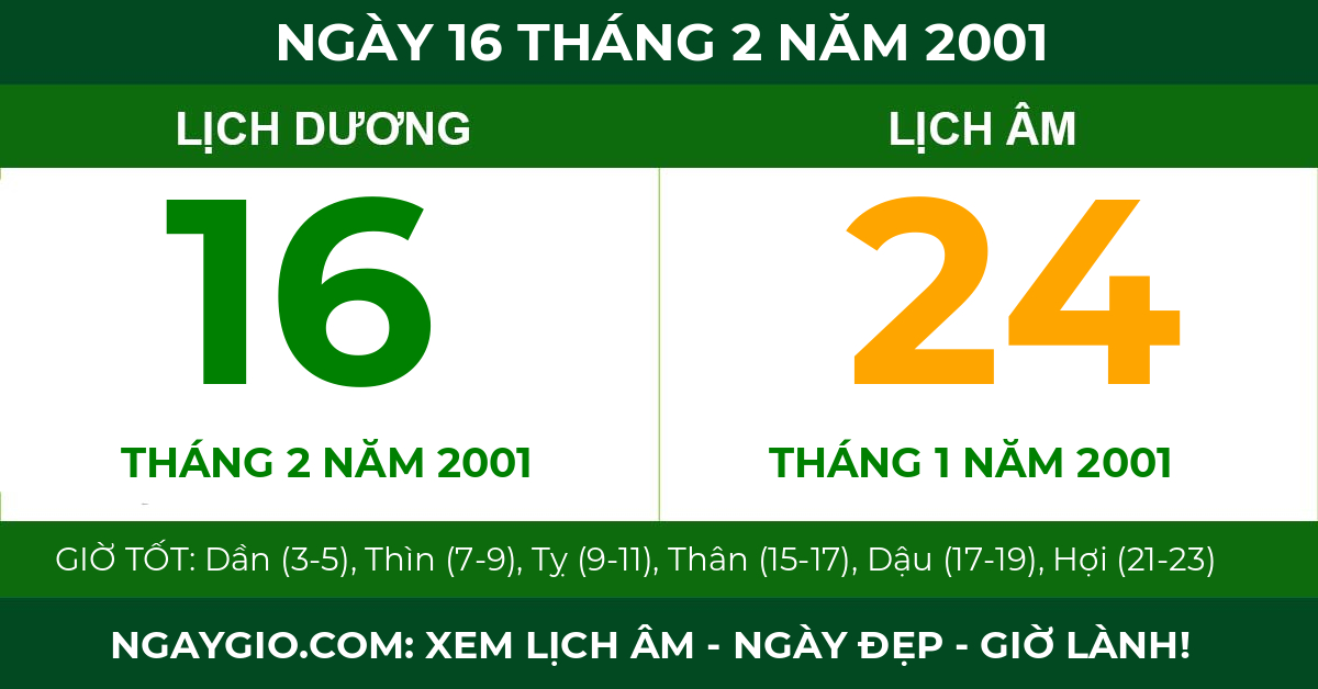 lịch âm ngày 16 tháng 2 năm 2001