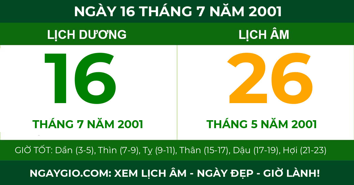 lịch âm ngày 16 tháng 7 năm 2001