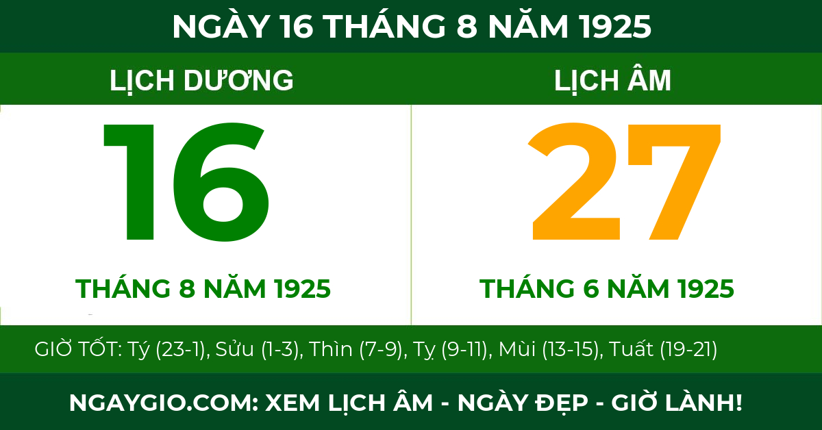 lịch âm ngày 16 tháng 8 năm 1925