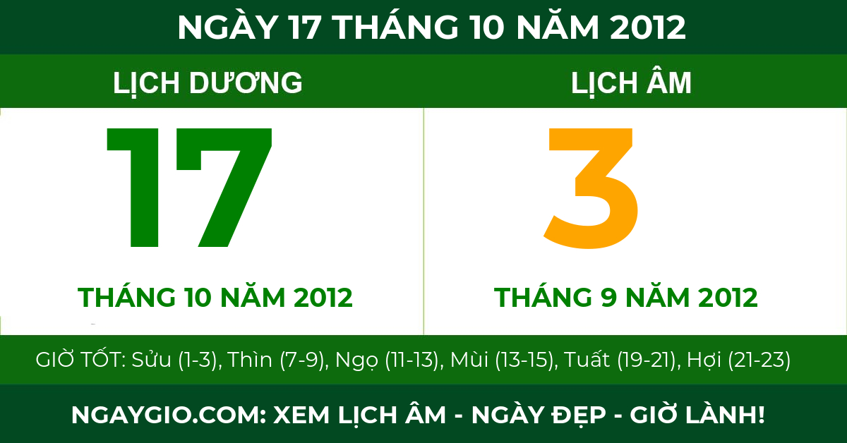lịch âm ngày 17 tháng 10 năm 2012
