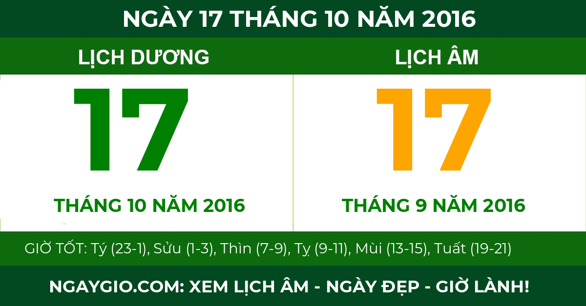 lịch âm ngày 17 tháng 10 năm 2016
