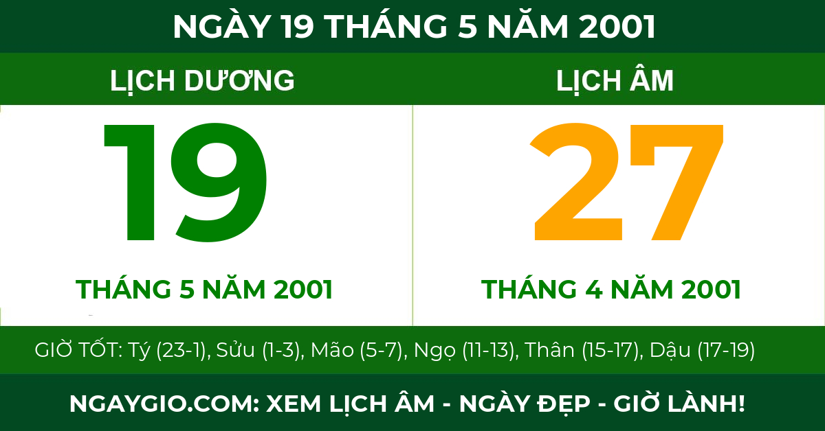 lịch âm ngày 19 tháng 5 năm 2001