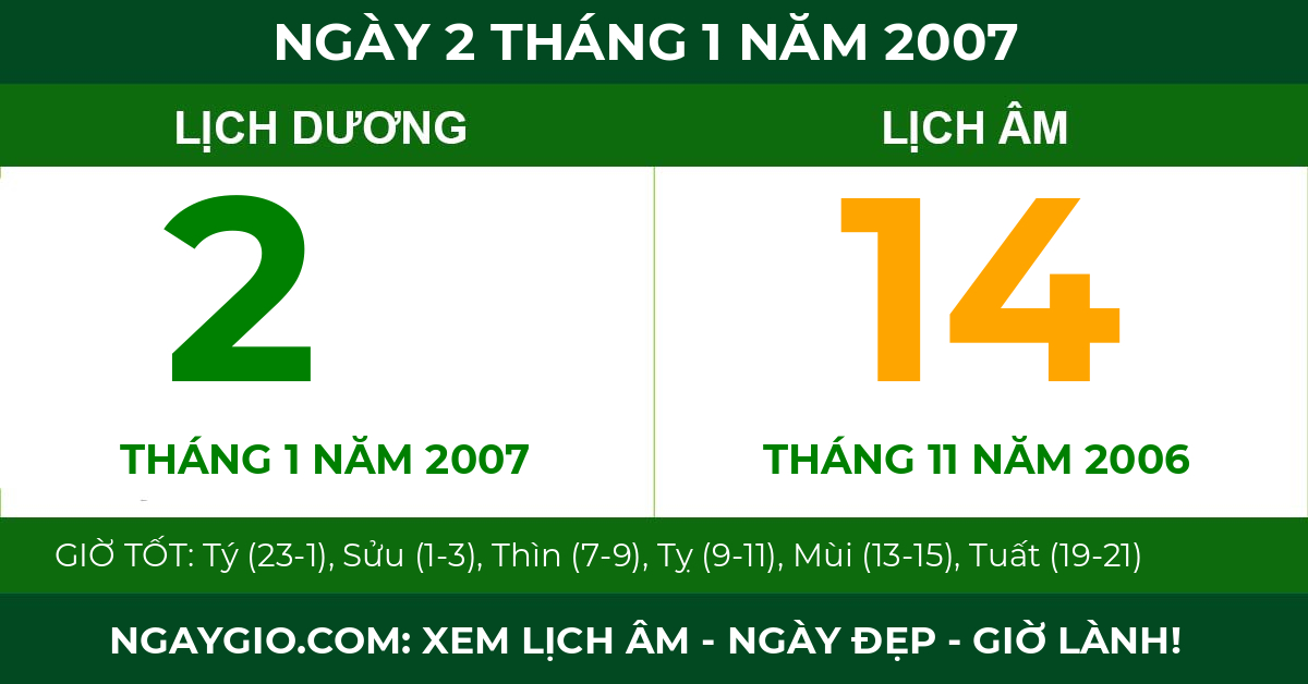 lịch âm ngày 2 tháng 1 năm 2007