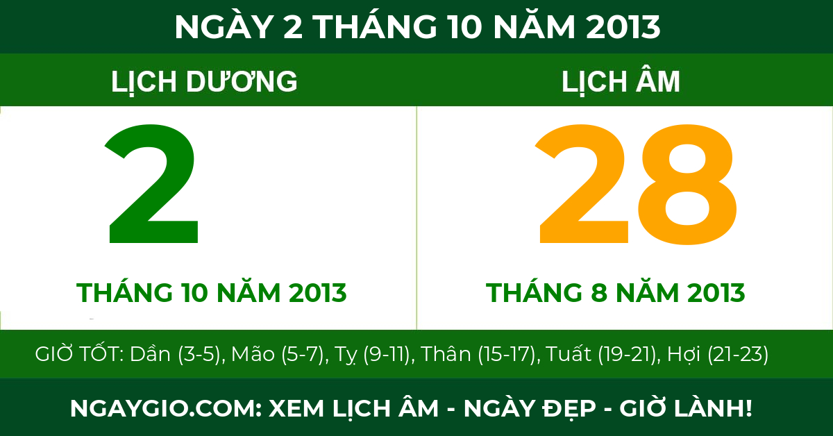lịch âm ngày 2 tháng 10 năm 2013