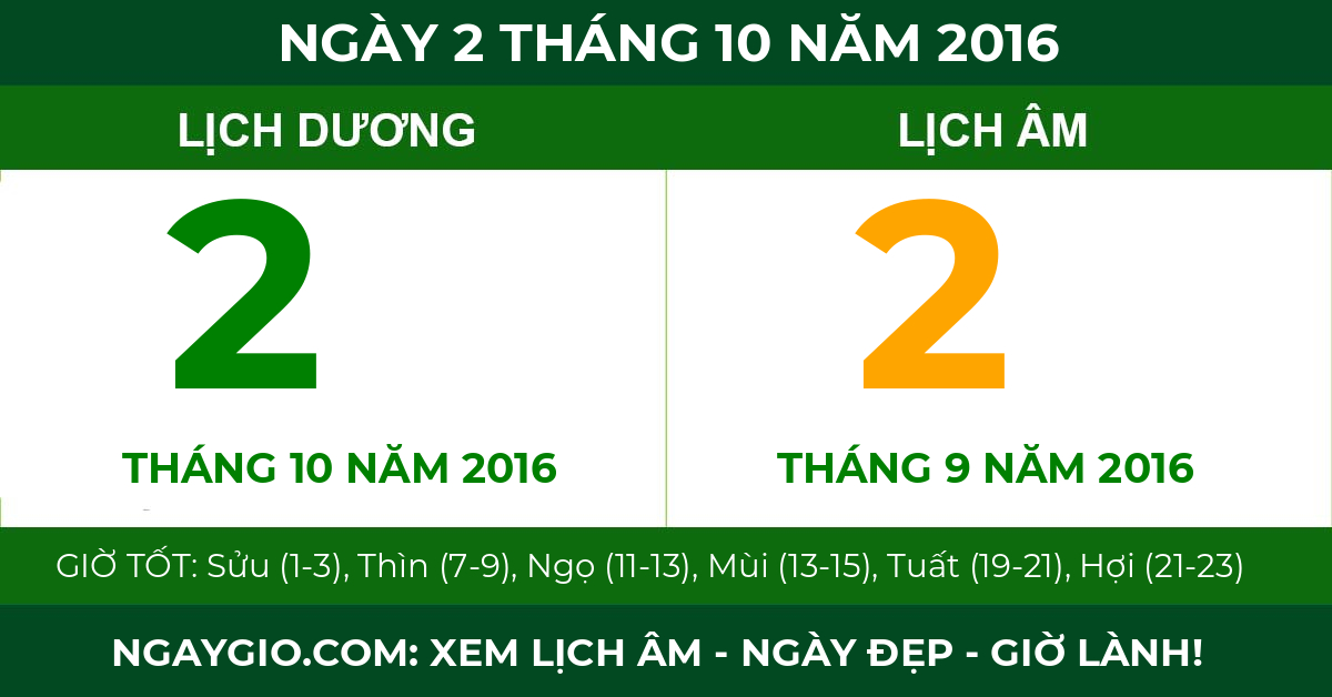 lịch âm ngày 2 tháng 10 năm 2016