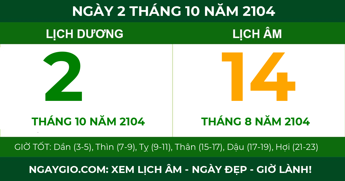 lịch âm ngày 2 tháng 10 năm 2104