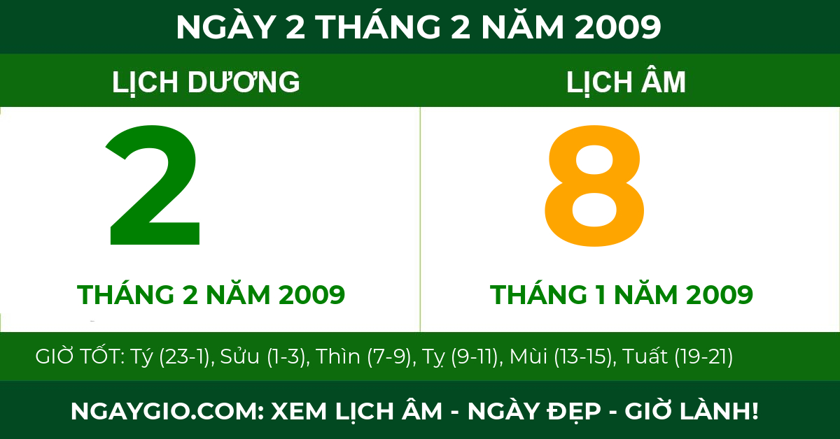 lịch âm ngày 2 tháng 2 năm 2009