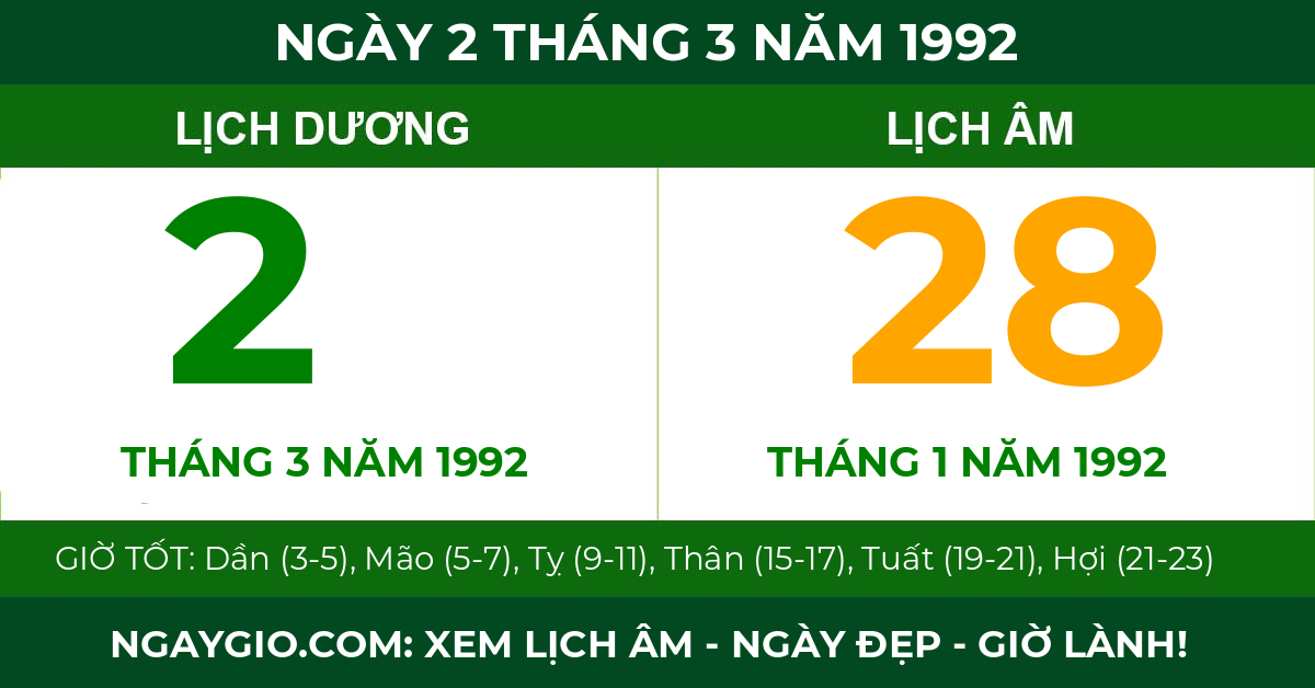 lịch âm ngày 2 tháng 3 năm 1992