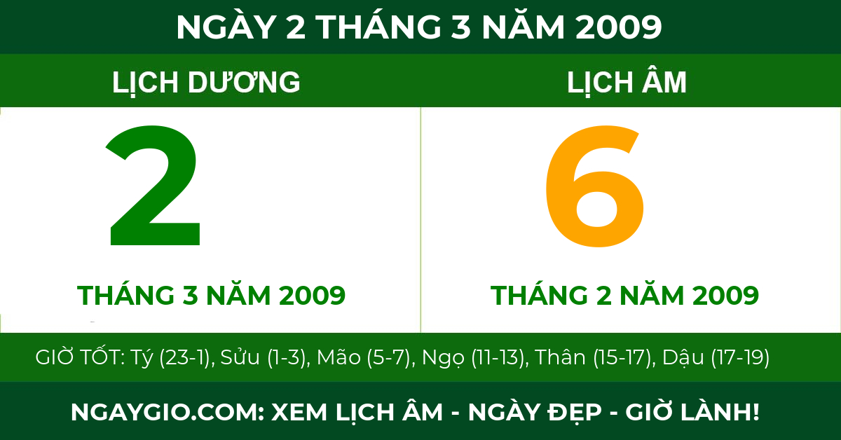 lịch âm ngày 2 tháng 3 năm 2009