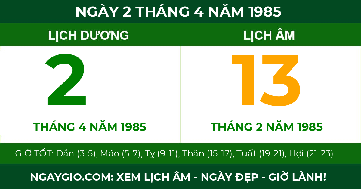 lịch âm ngày 2 tháng 4 năm 1985