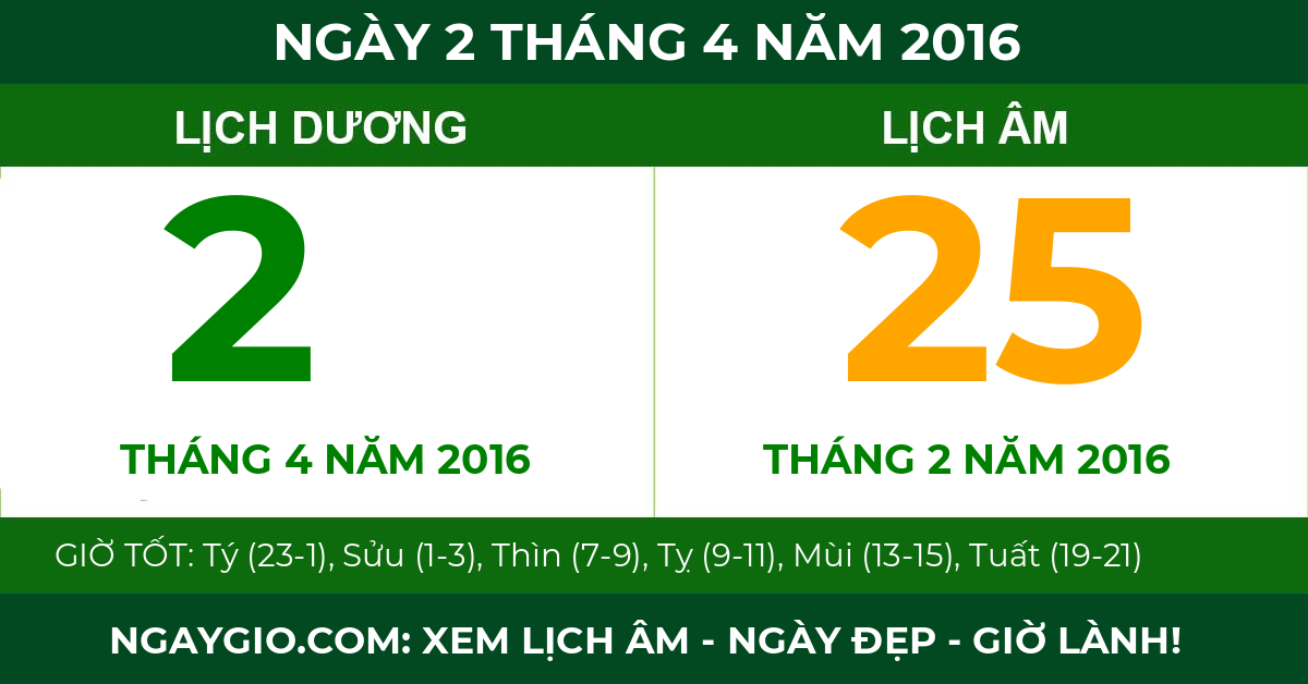 lịch âm ngày 2 tháng 4 năm 2016