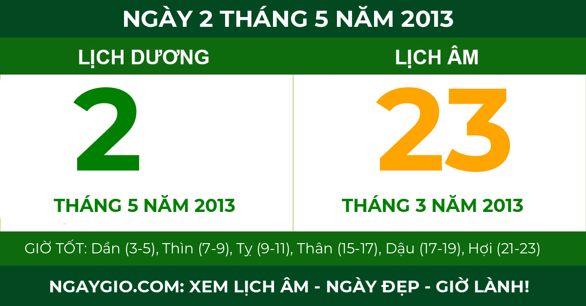 lịch âm ngày 2 tháng 5 năm 2013