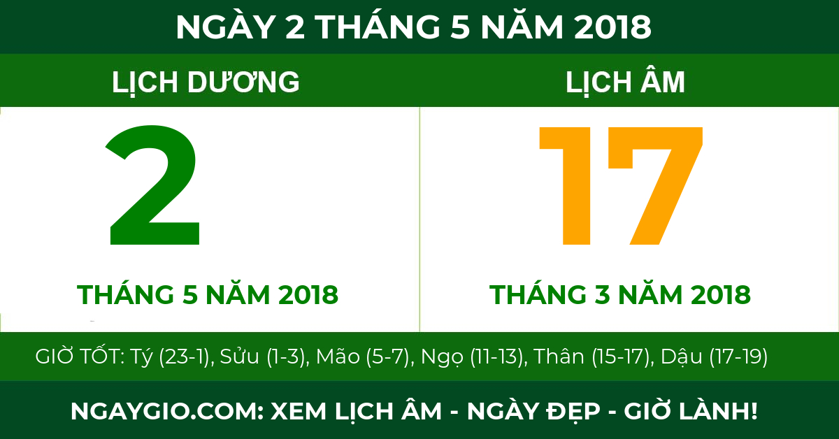 lịch âm ngày 2 tháng 5 năm 2018
