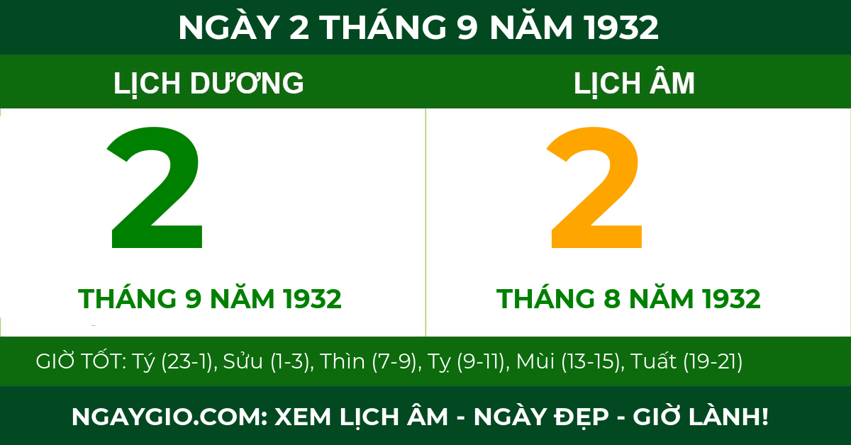 lịch âm ngày 2 tháng 9 năm 1932