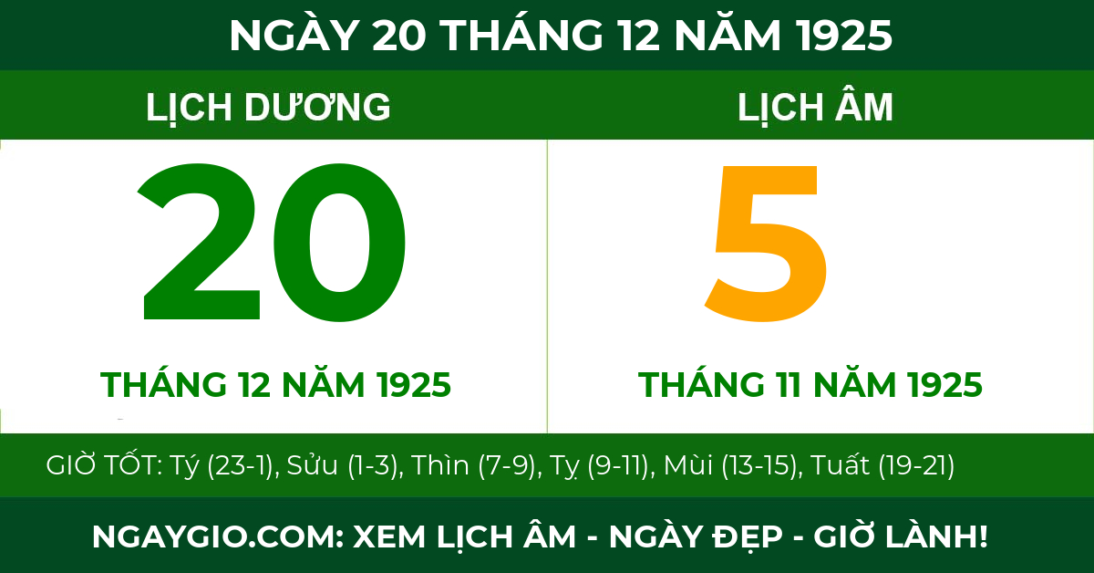 lịch âm ngày 20 tháng 12 năm 1925