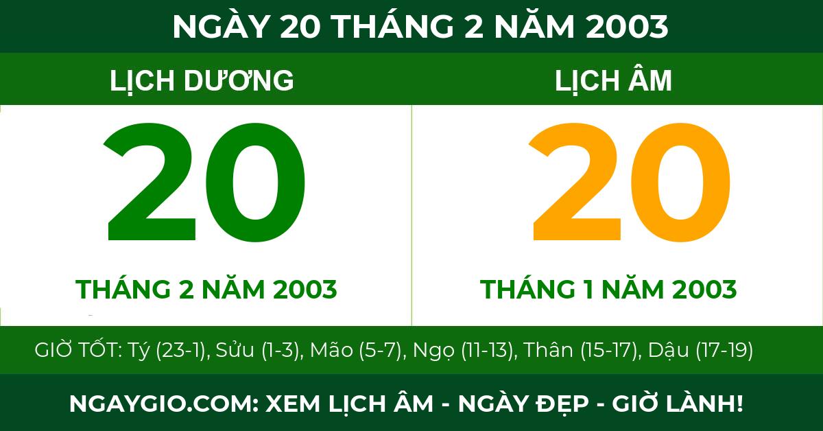 lịch âm ngày 20 tháng 2 năm 2003