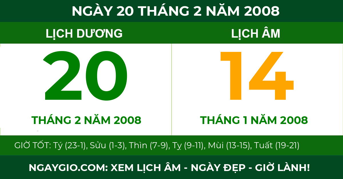 lịch âm ngày 20 tháng 2 năm 2008