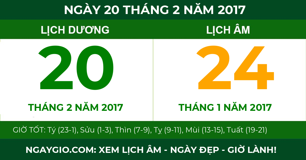 lịch âm ngày 20 tháng 2 năm 2017