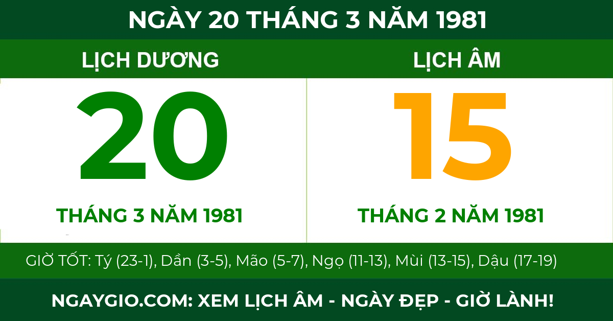lịch âm ngày 20 tháng 3 năm 1981