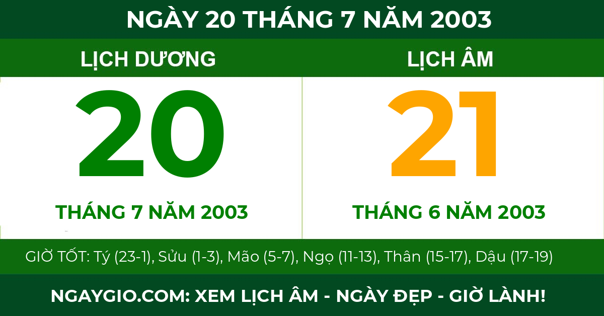 lịch âm ngày 20 tháng 7 năm 2003