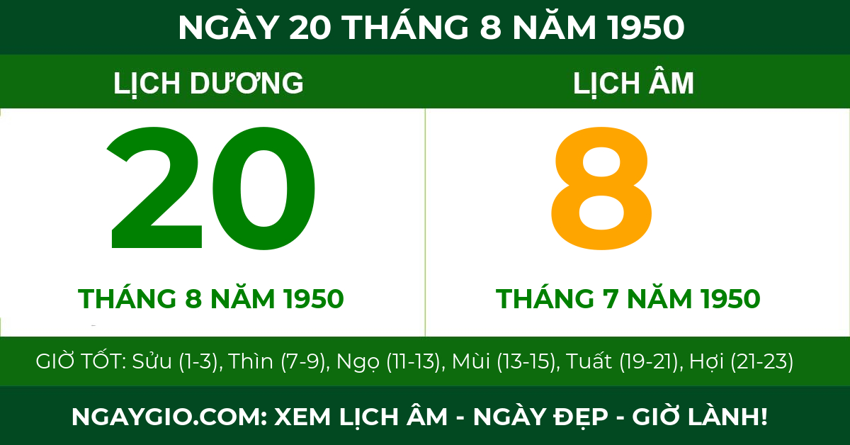 lịch âm ngày 20 tháng 8 năm 1950
