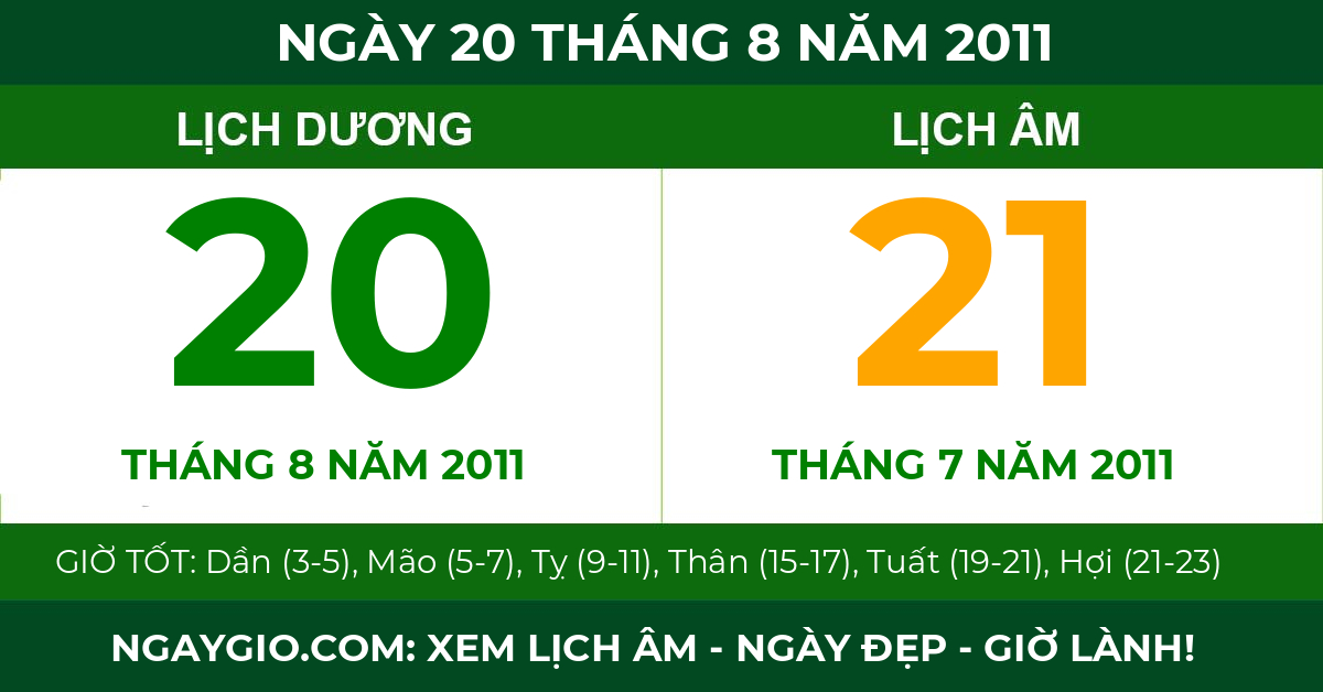 lịch âm ngày 20 tháng 8 năm 2011