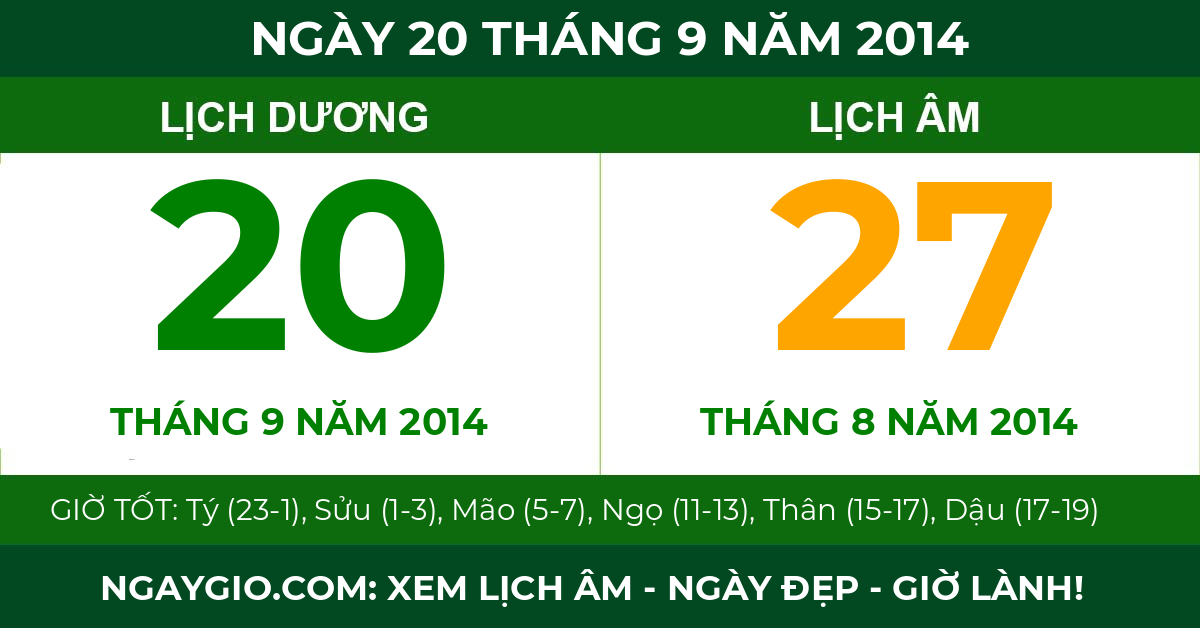 lịch âm ngày 20 tháng 9 năm 2014