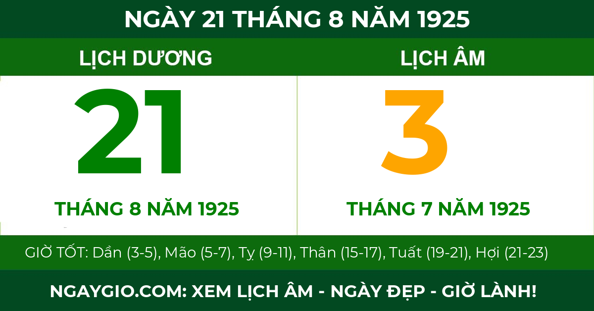 lịch âm ngày 21 tháng 8 năm 1925
