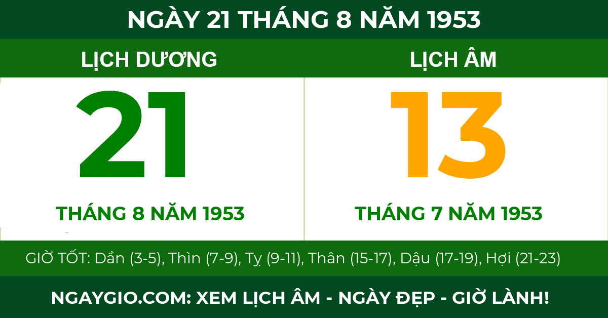 lịch âm ngày 21 tháng 8 năm 1953
