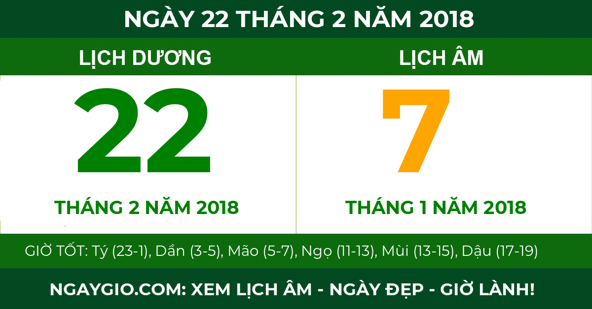 lịch âm ngày 22 tháng 2 năm 2018