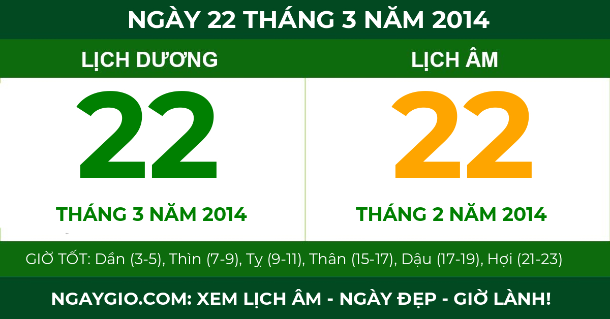 lịch âm ngày 22 tháng 3 năm 2014