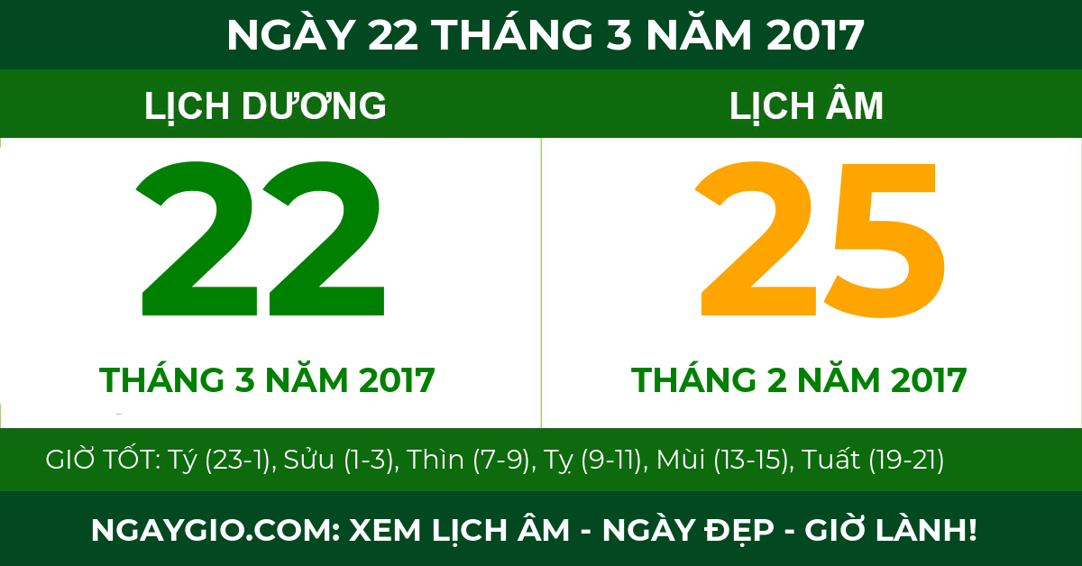lịch âm ngày 22 tháng 3 năm 2017